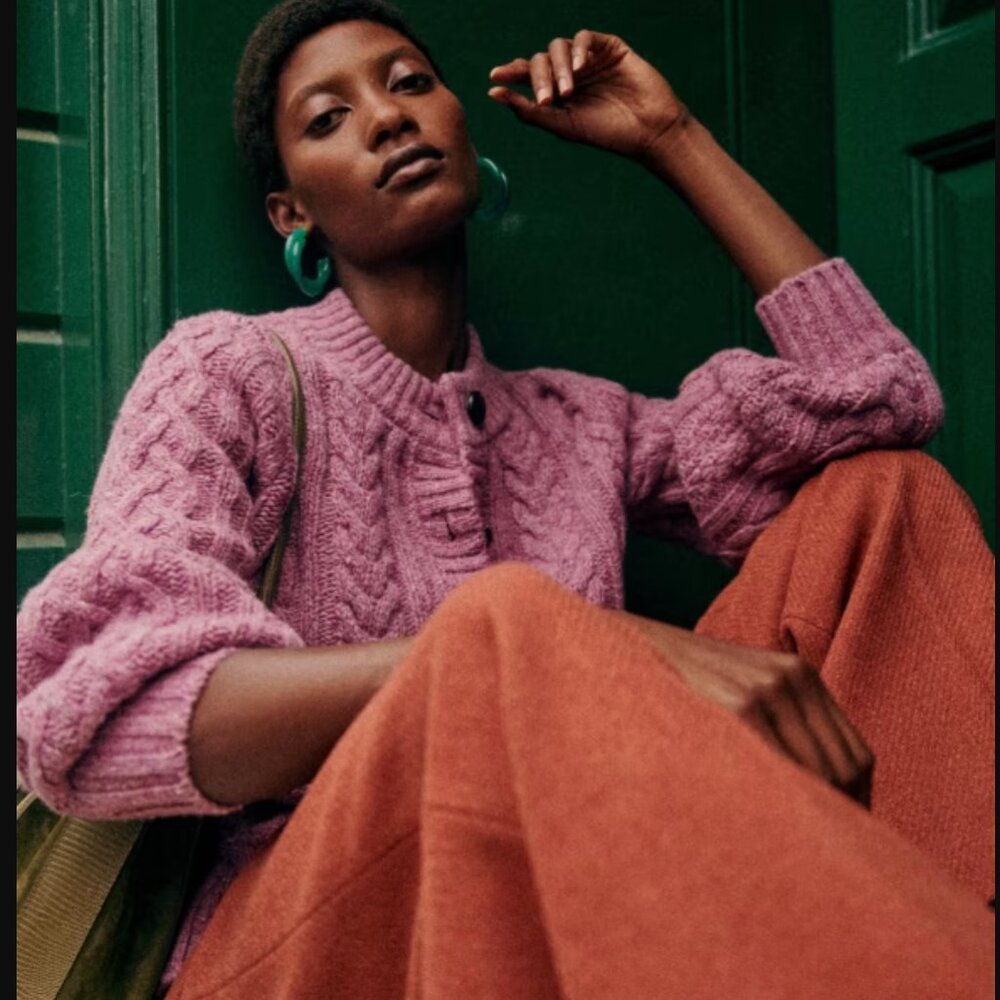 Sezane Andina Cardigan Sweater Merino Wool Fisheman Cable Knit "Pink Garden" XS